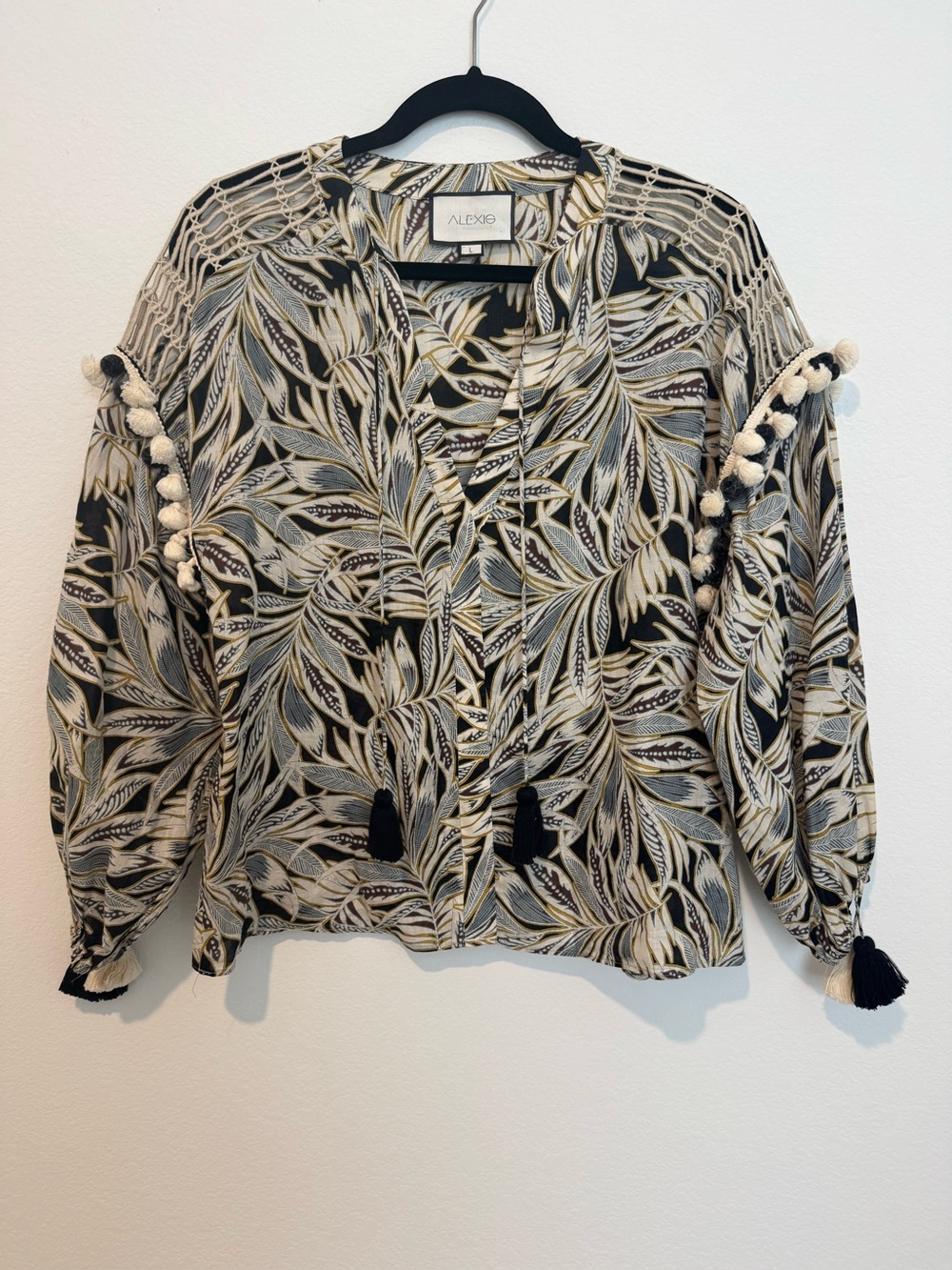 Alexis Black and Cream Tropical print Tasseled Long Sleeve Blouse